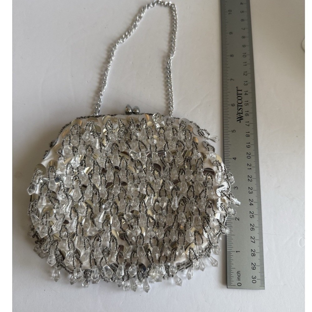 Vintage Elegant Beaded Evening Purse Silver Chain Dangle Beads And Sequins